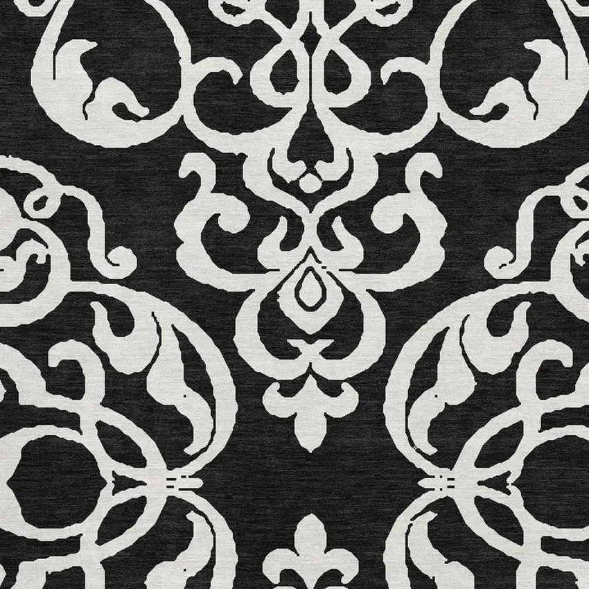Black And Ivory Damask Washable Area Rug With UV Protection Photo 2