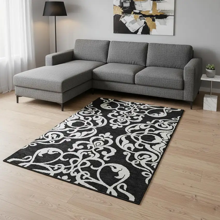Black And Ivory Damask Washable Area Rug With UV Protection Photo 2