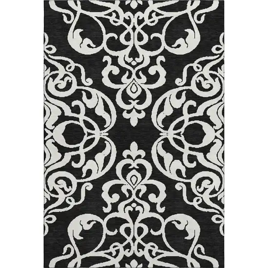 Black And Ivory Damask Washable Area Rug With UV Protection Photo 1