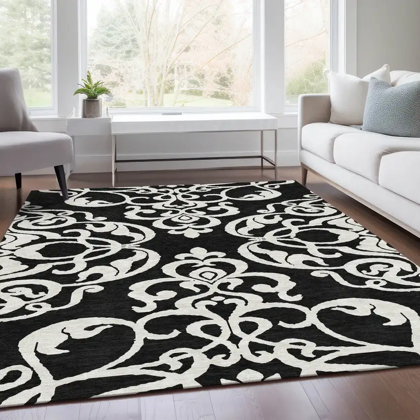 Black And Ivory Damask Washable Area Rug With UV Protection Photo 5