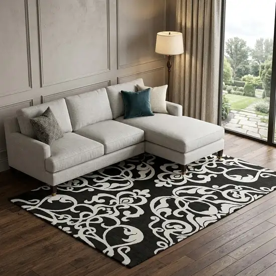 Black And Ivory Damask Washable Area Rug With UV Protection Photo 1