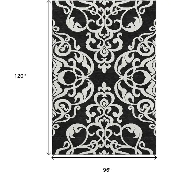 Black And Ivory Damask Washable Area Rug With UV Protection Photo 6
