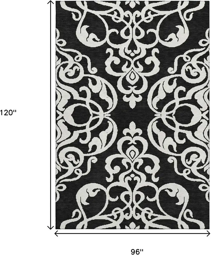 Black And Ivory Damask Washable Area Rug With UV Protection Photo 6