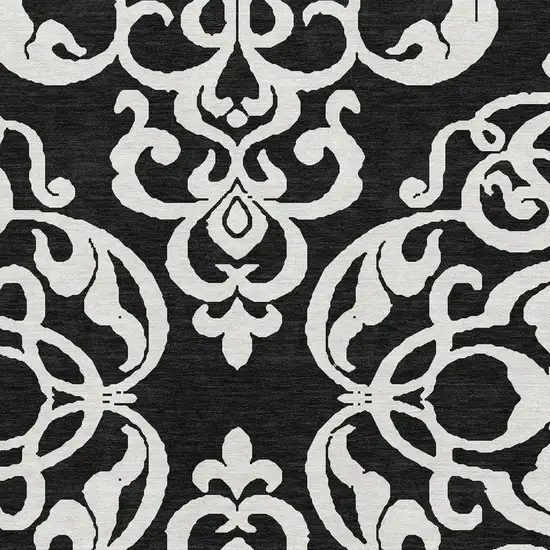 Black And Ivory Damask Washable Area Rug With UV Protection Photo 2