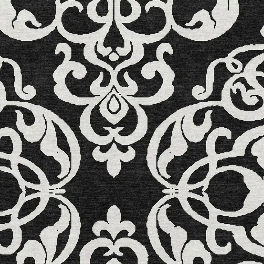Black And Ivory Damask Washable Area Rug With UV Protection Photo 2