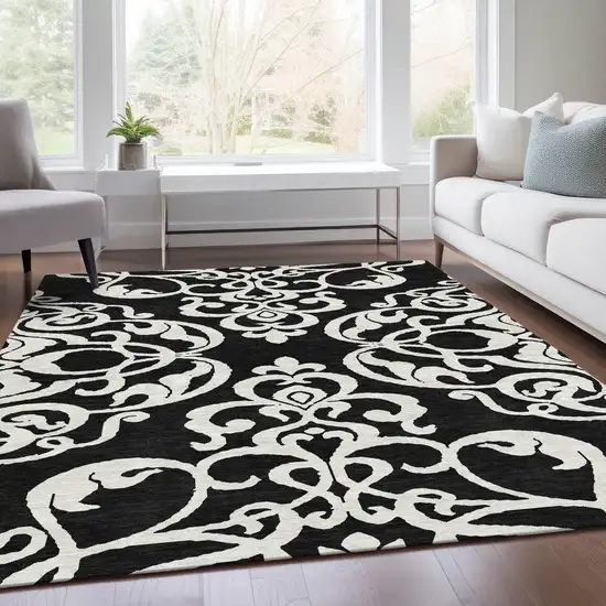 Black And Ivory Damask Washable Area Rug With UV Protection Photo 5