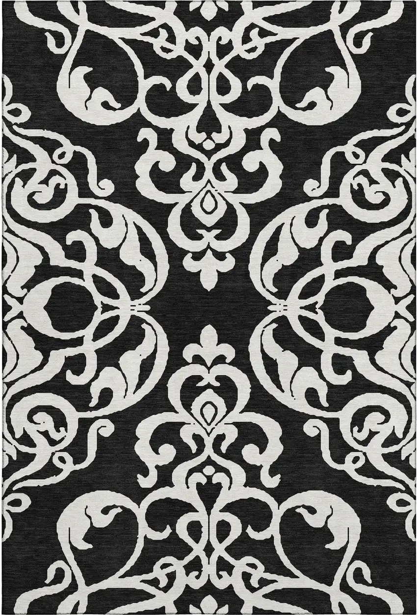 Black And Ivory Damask Washable Area Rug With UV Protection Photo 1
