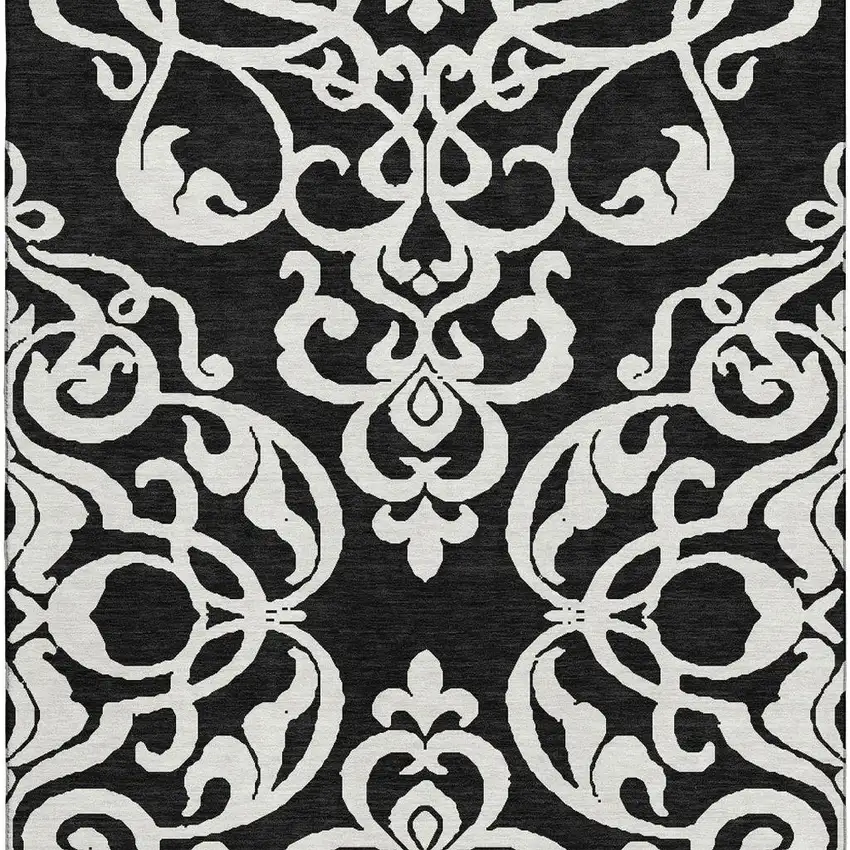 Black And Ivory Damask Washable Area Rug With UV Protection Photo 3