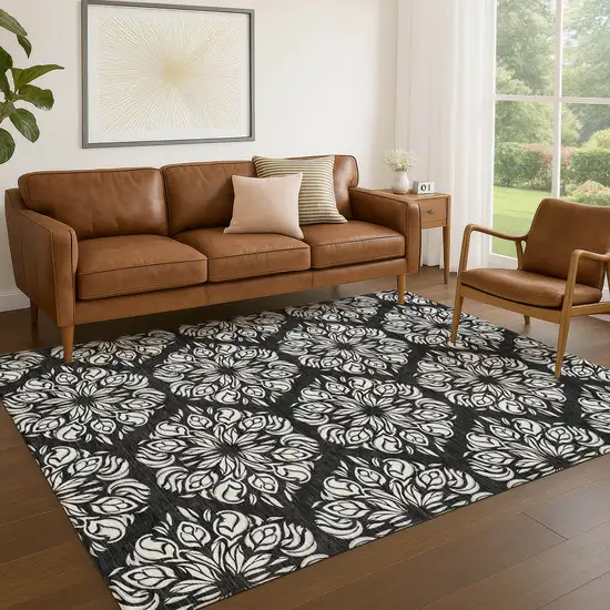 Black And Ivory Damask Washable Indoor Outdoor Area Rug Photo 5