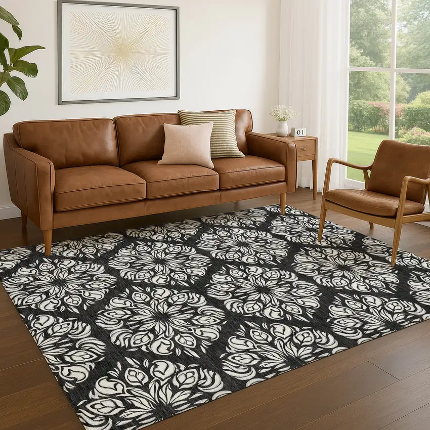 Black And Ivory Damask Washable Indoor Outdoor Area Rug Photo 5