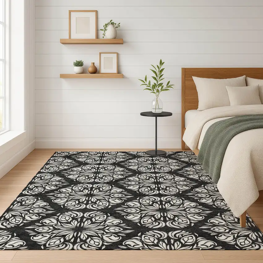 Black And Ivory Damask Washable Indoor Outdoor Area Rug Photo 6