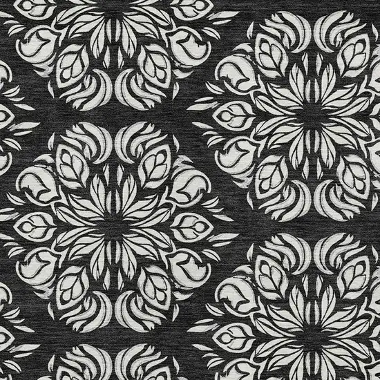 Black And Ivory Damask Washable Indoor Outdoor Area Rug Photo 2