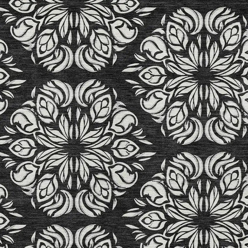 Black And Ivory Damask Washable Indoor Outdoor Area Rug Photo 2