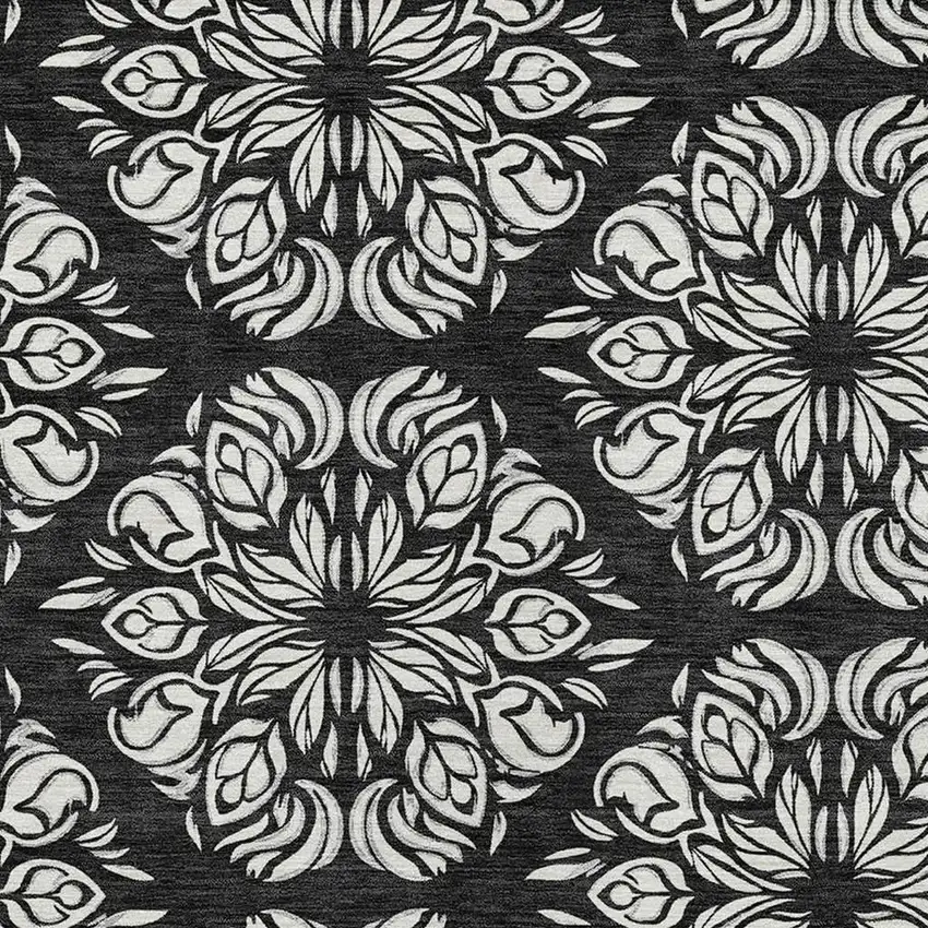 Black And Ivory Damask Washable Indoor Outdoor Area Rug Photo 2