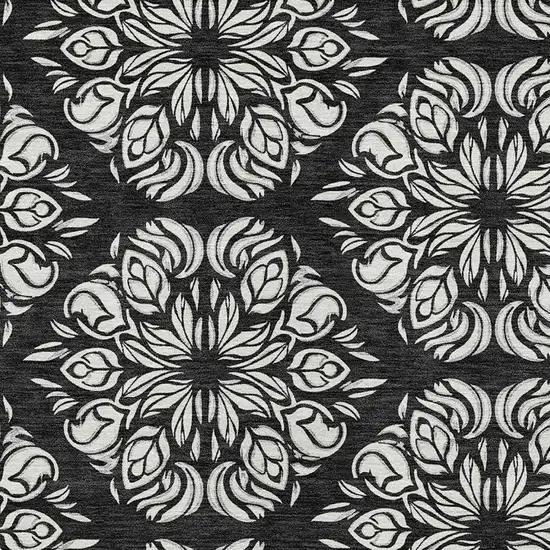 Black And Ivory Damask Washable Indoor Outdoor Area Rug Photo 2