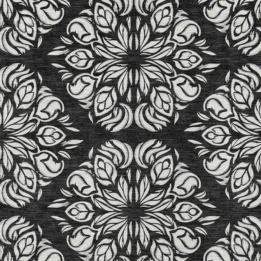 Black And Ivory Damask Washable Indoor Outdoor Area Rug Photo 2