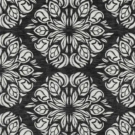 Black And Ivory Damask Washable Indoor Outdoor Area Rug Photo 2