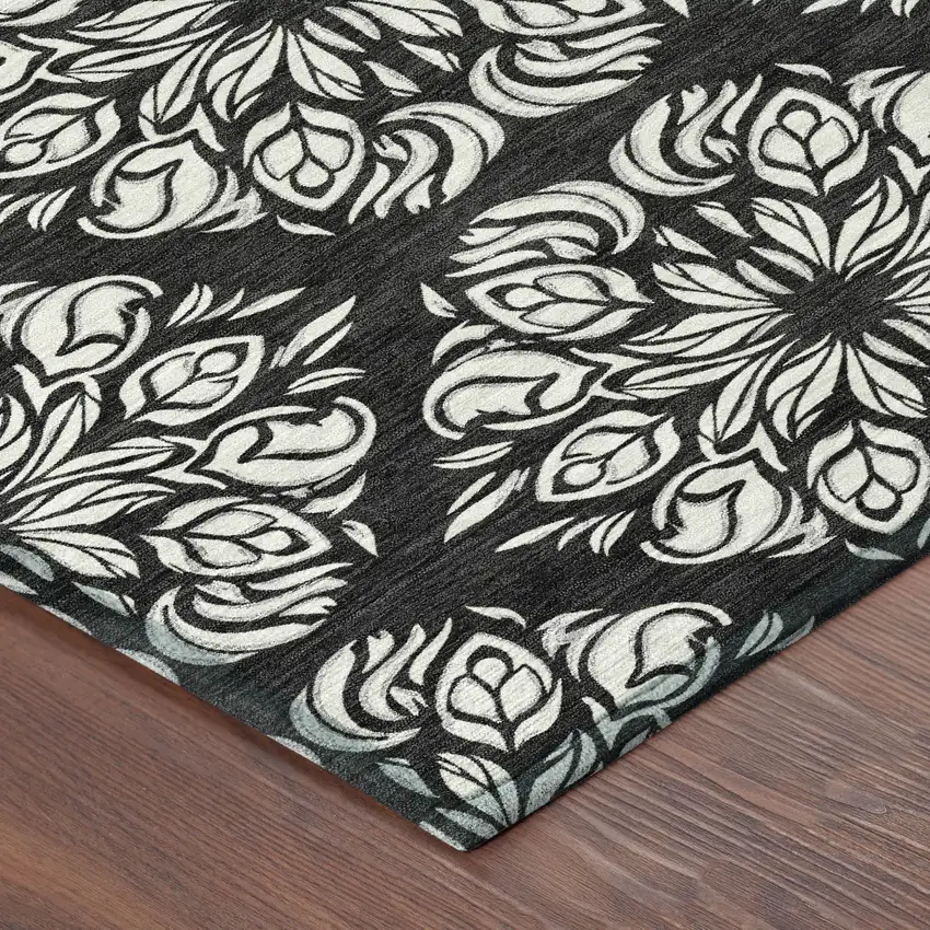 Black And Ivory Damask Washable Indoor Outdoor Area Rug Photo 8
