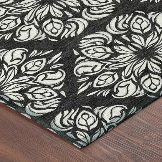 Black And Ivory Damask Washable Indoor Outdoor Area Rug Photo 8