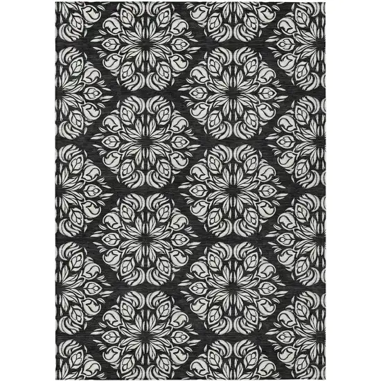 Black And Ivory Damask Washable Indoor Outdoor Area Rug Photo 1