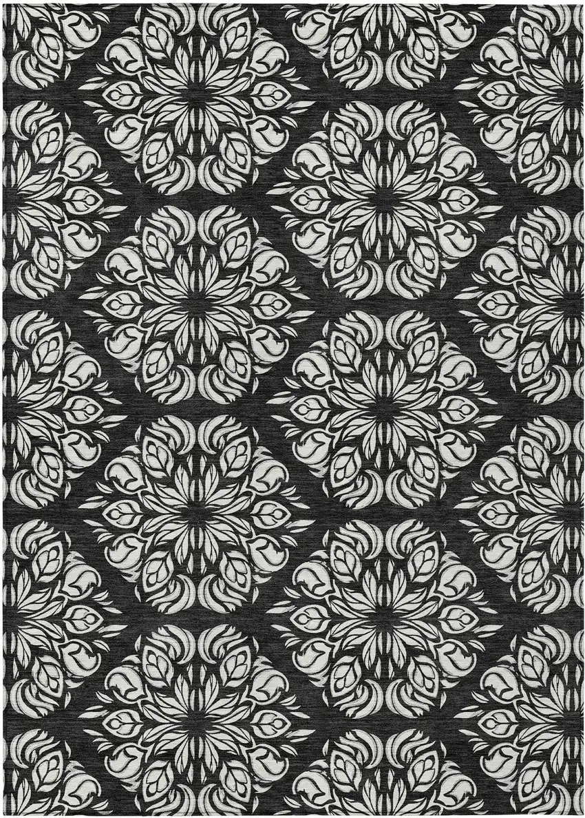 Black And Ivory Damask Washable Indoor Outdoor Area Rug Photo 1