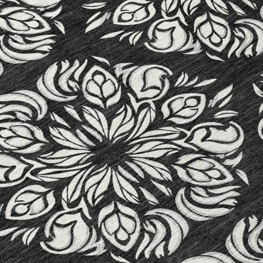 Black And Ivory Damask Washable Indoor Outdoor Area Rug Photo 9