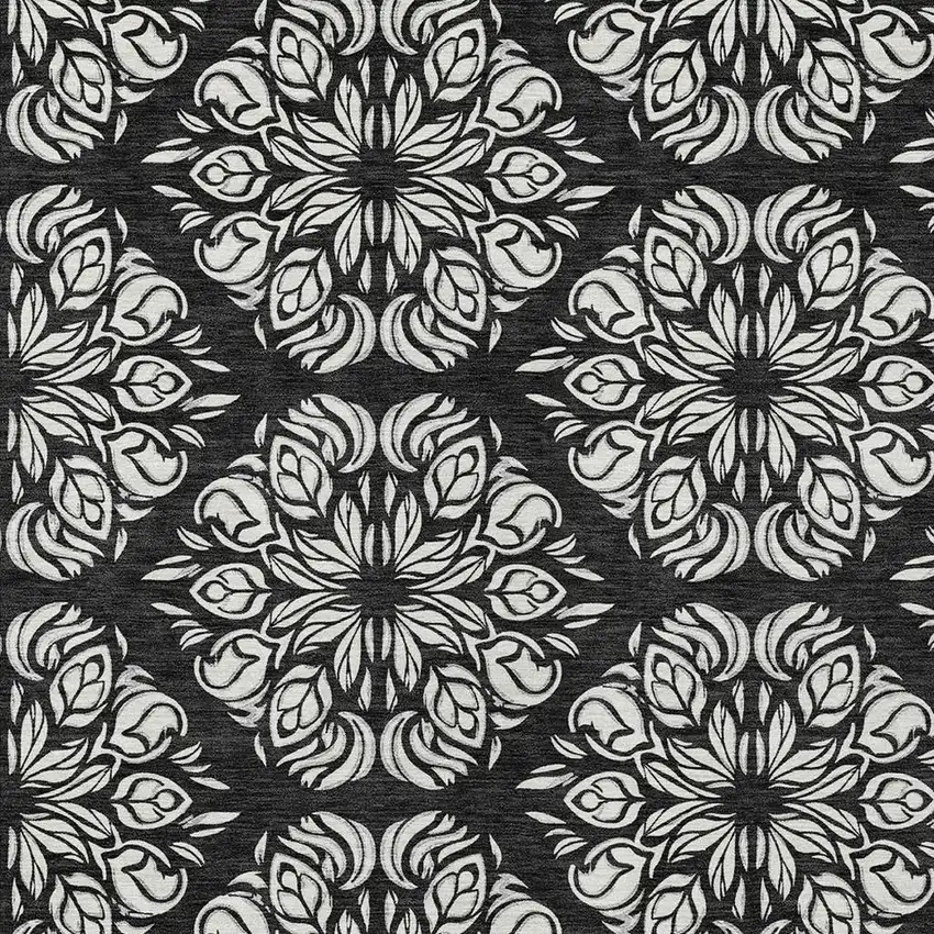 Black And Ivory Damask Washable Indoor Outdoor Area Rug Photo 3