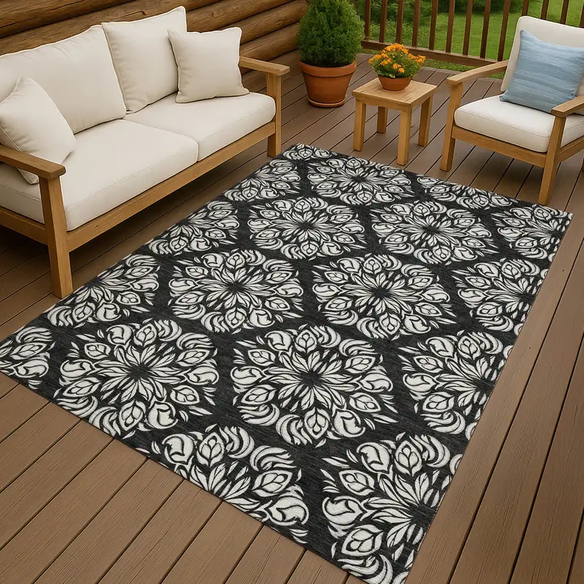 Black And Ivory Damask Washable Indoor Outdoor Area Rug Photo 4