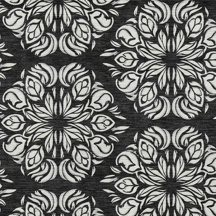 Black And Ivory Damask Washable Indoor Outdoor Area Rug Photo 2