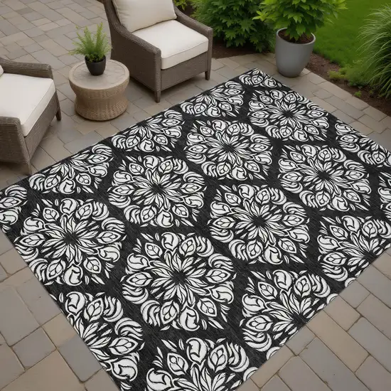 Black And Ivory Damask Washable Indoor Outdoor Area Rug Photo 7