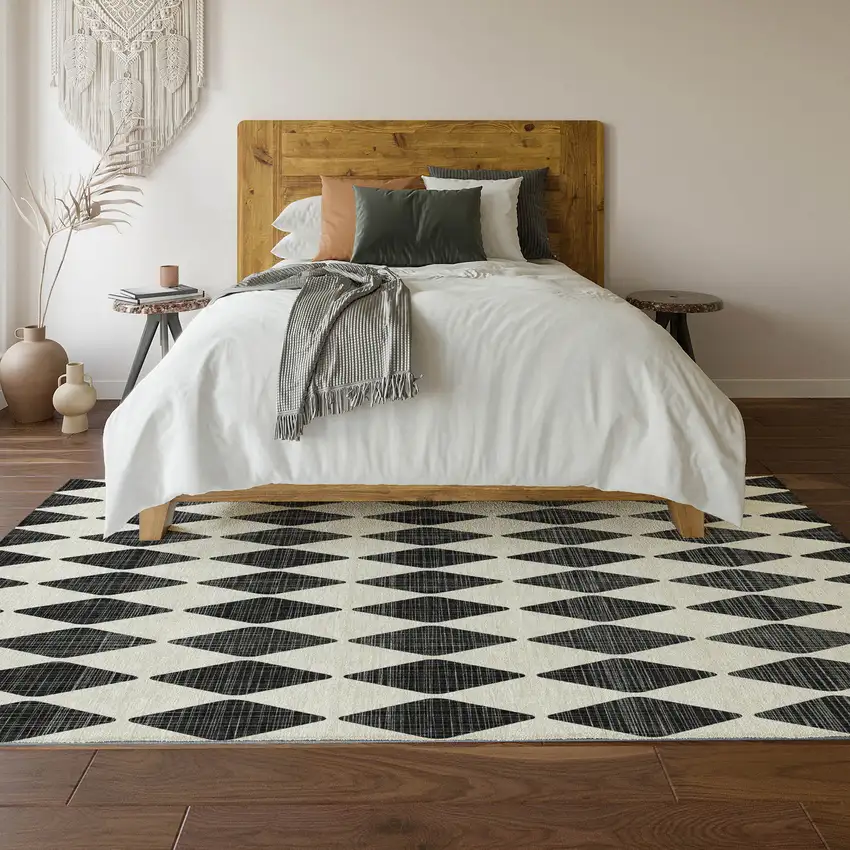 Black And Ivory Diamond Washable Area Rug With UV Protection Photo 6