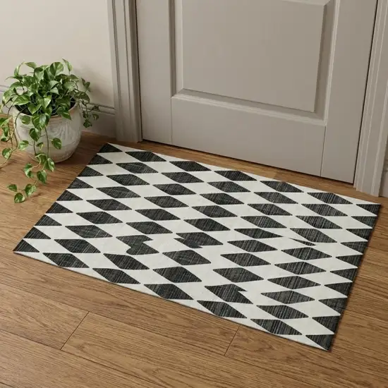Black And Ivory Diamond Washable Area Rug With UV Protection Photo 1