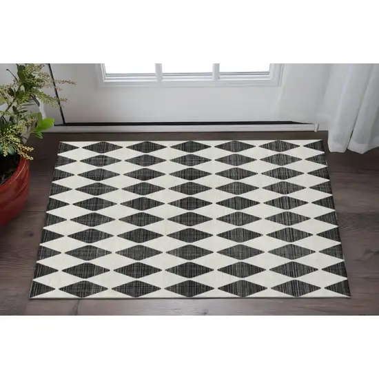Black And Ivory Diamond Washable Area Rug With UV Protection Photo 2
