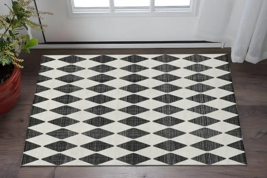 Black And Ivory Diamond Washable Area Rug With UV Protection Photo 2