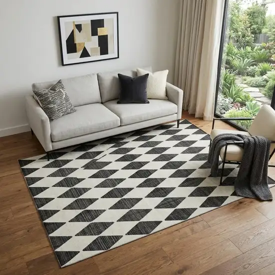 Black And Ivory Diamond Washable Area Rug With UV Protection Photo 1