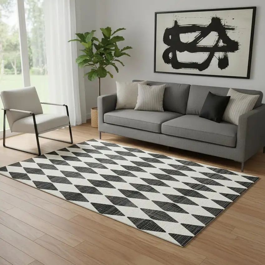 Black And Ivory Diamond Washable Area Rug With UV Protection Photo 1