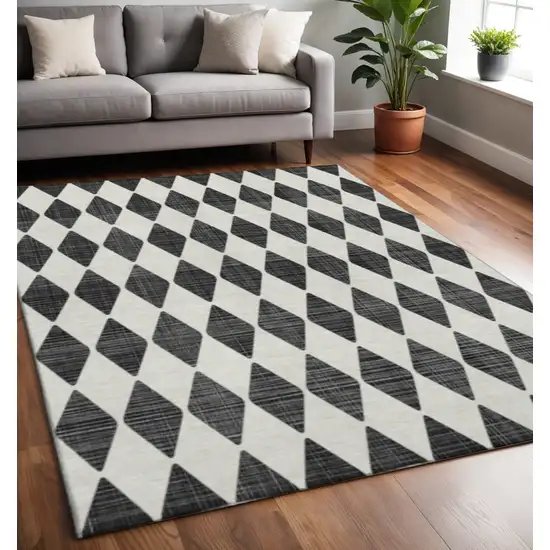 Black And Ivory Diamond Washable Area Rug With UV Protection Photo 2