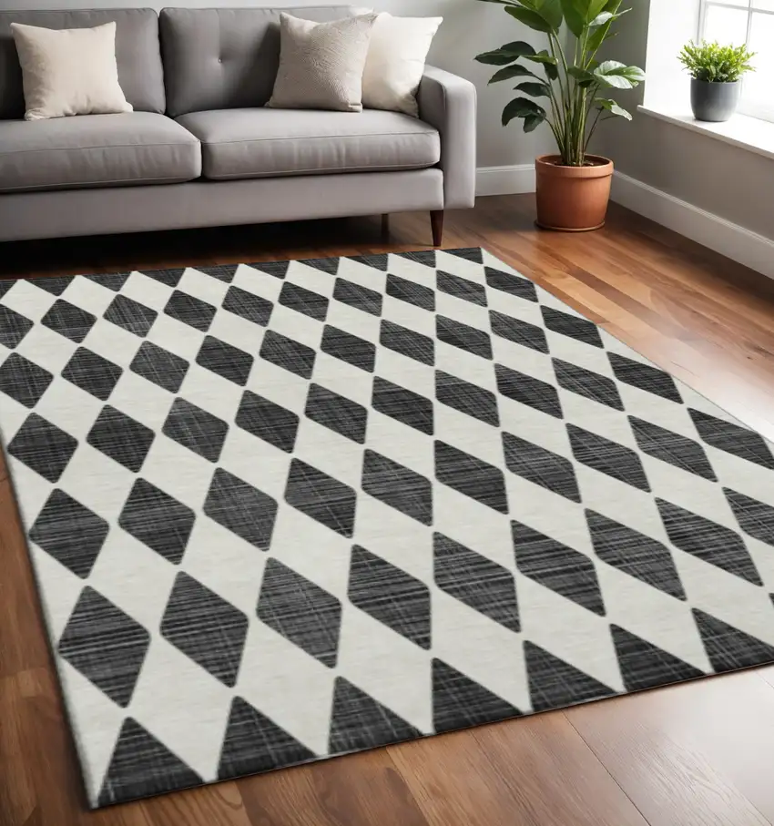 Black And Ivory Diamond Washable Area Rug With UV Protection Photo 2