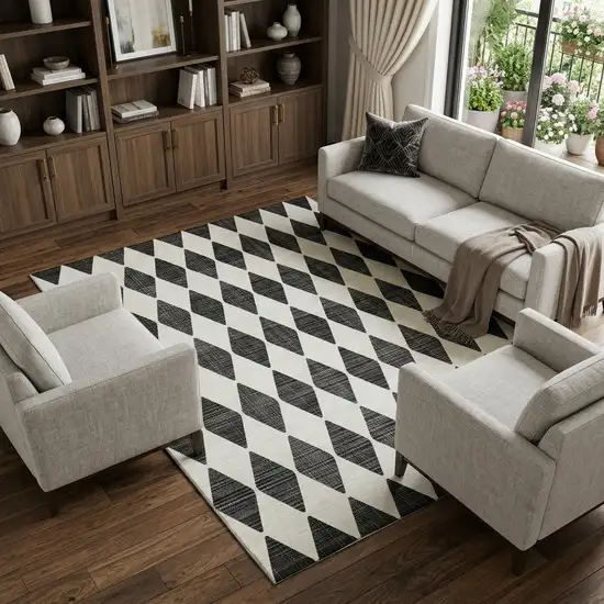 Black And Ivory Diamond Washable Area Rug With UV Protection Photo 1