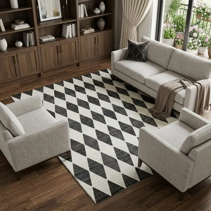 Black And Ivory Diamond Washable Area Rug With UV Protection Photo 1