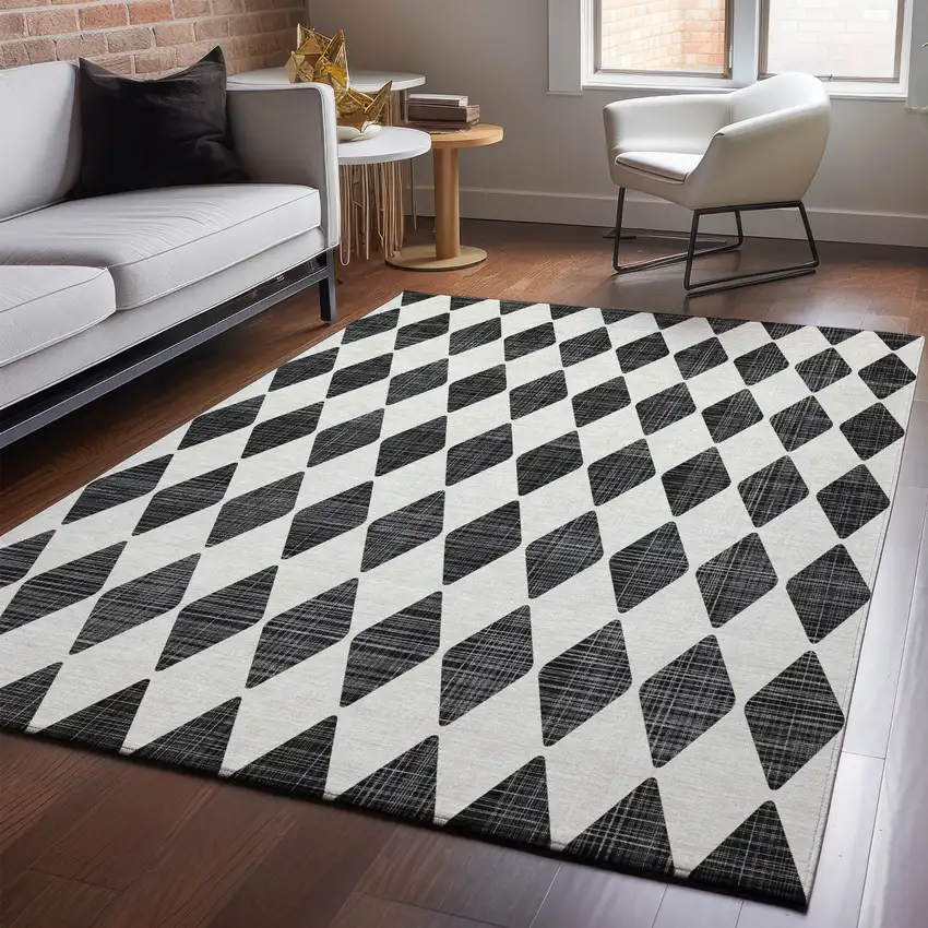 Black And Ivory Diamond Washable Area Rug With UV Protection Photo 4