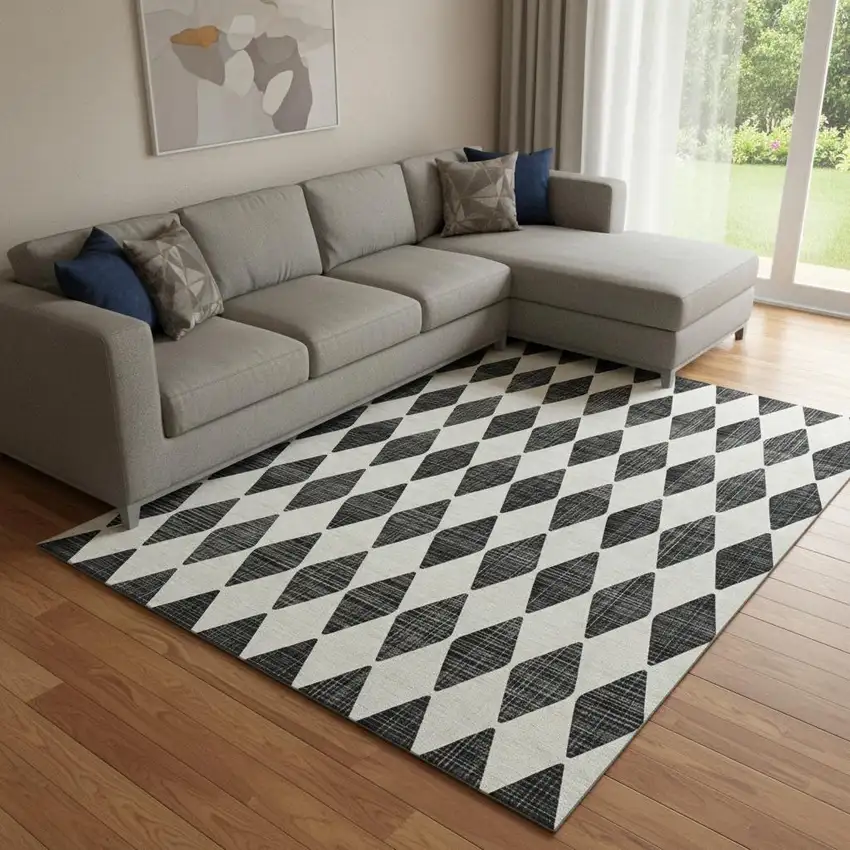 Black And Ivory Diamond Washable Area Rug With UV Protection Photo 1