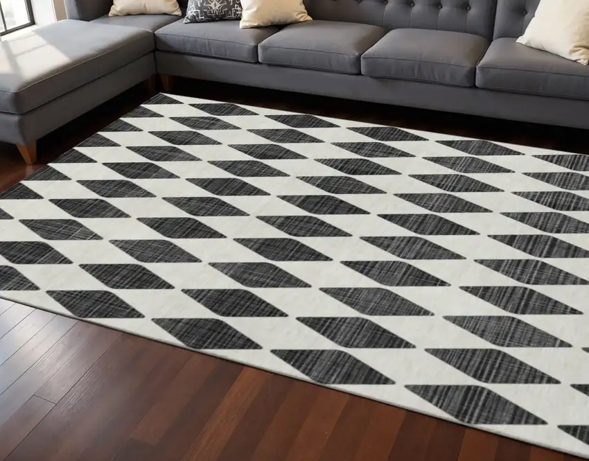 Black And Ivory Diamond Washable Area Rug With UV Protection Photo 2