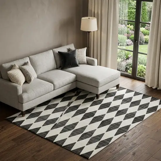 Black And Ivory Diamond Washable Area Rug With UV Protection Photo 1