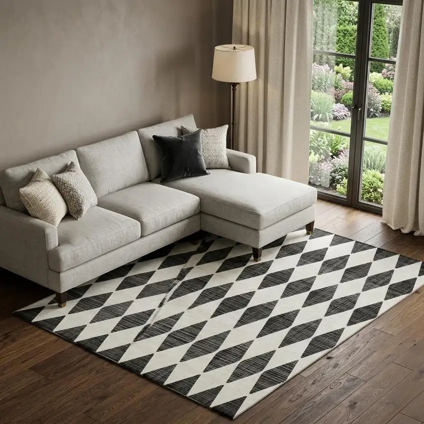 Black And Ivory Diamond Washable Area Rug With UV Protection Photo 1
