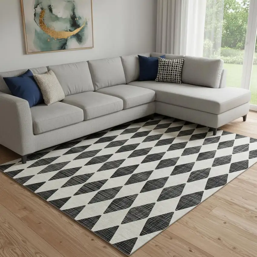 Black And Ivory Diamond Washable Area Rug With UV Protection Photo 1