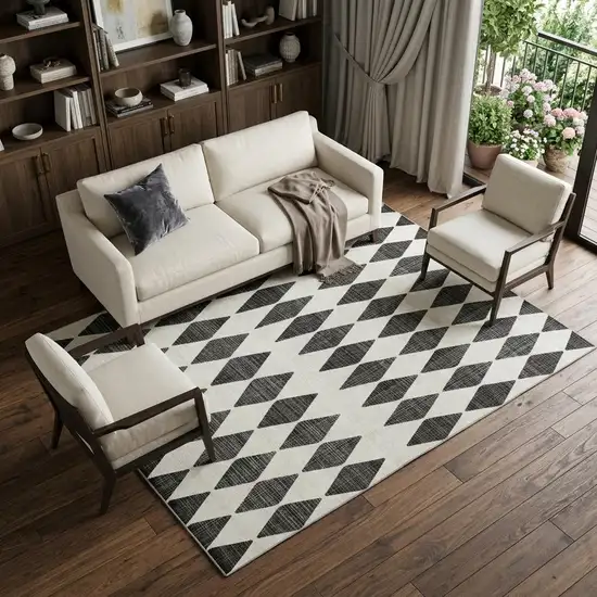 Black And Ivory Diamond Washable Area Rug With UV Protection Photo 1