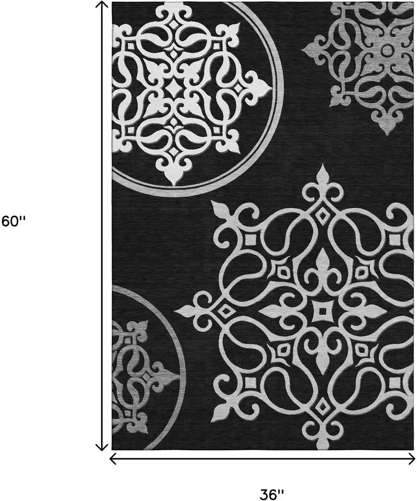 Black And Ivory Floral Medallion Washable Area Rug With UV Protection Photo 3