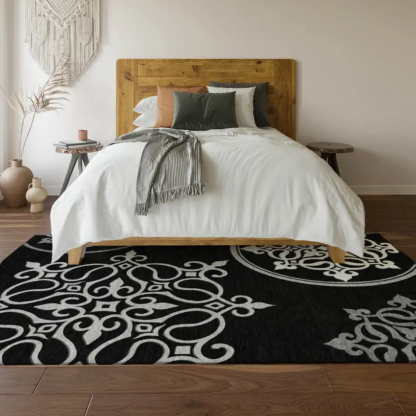 Black And Ivory Floral Medallion Washable Area Rug With UV Protection Photo 6