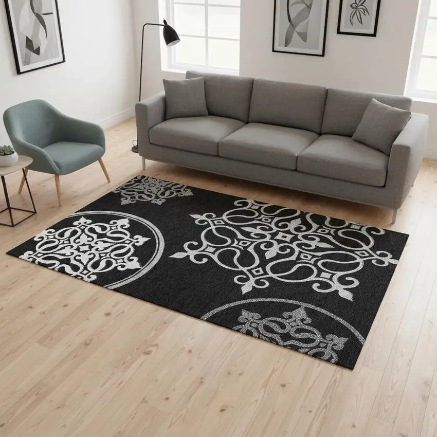 Black And Ivory Floral Medallion Washable Area Rug With UV Protection Photo 2